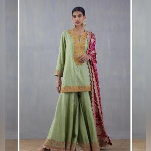 Nidhi Tholia Mint and Pink Bandhni Embroidered Sharara Set - Size M